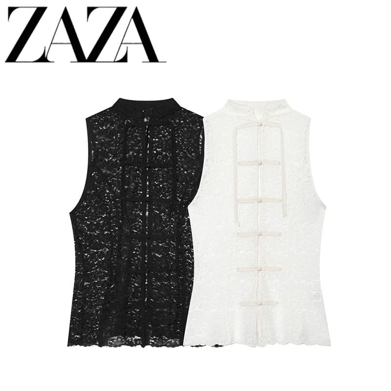 ZAZA homemade European and American style wholesale women's fashionable and versatile temperament knot buckle embossed lace top