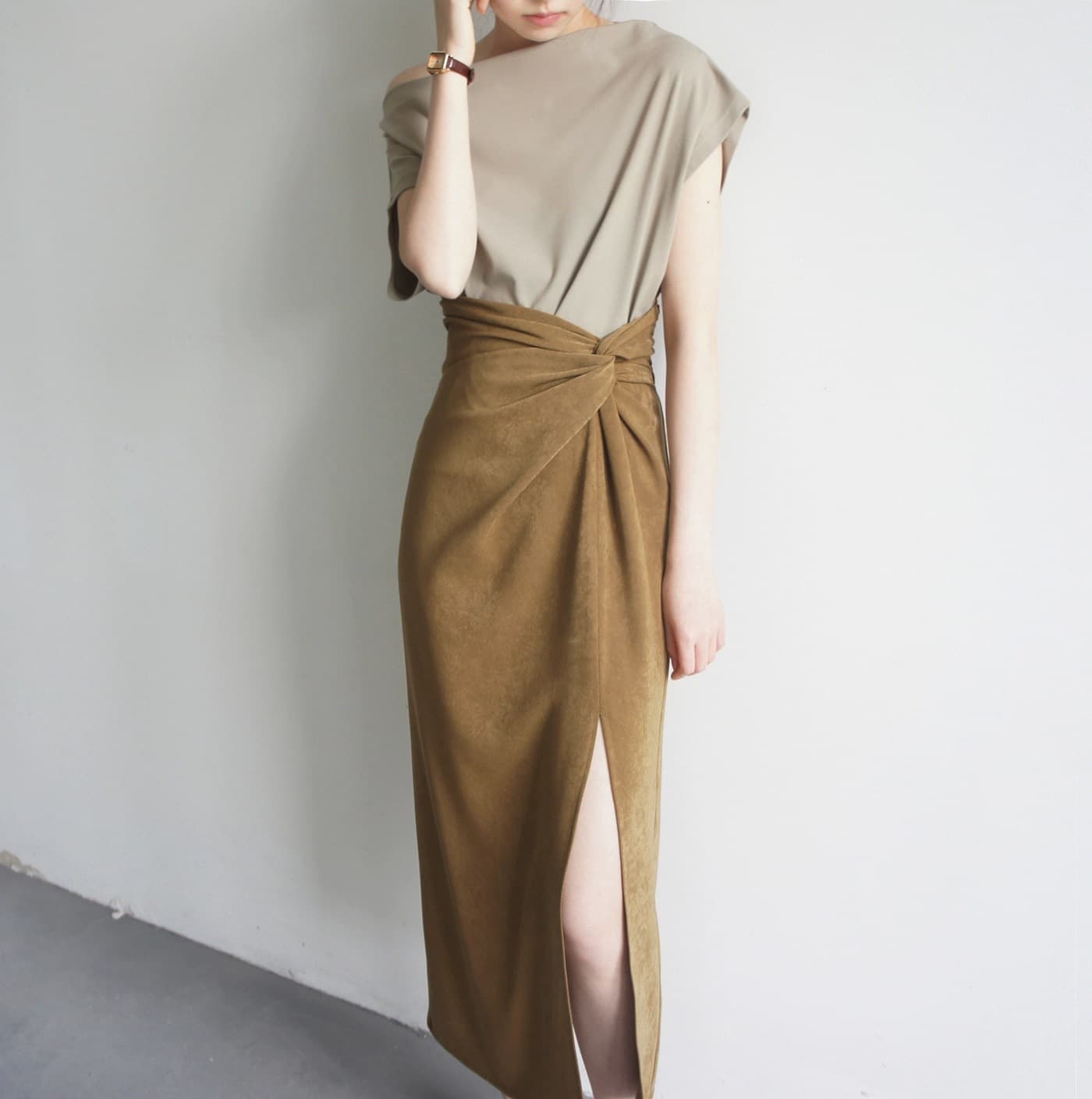 JOJOZ Mustard Matte Texture Cross Design High-Waist Side Slit Over-the-Knee Skirt Stylish Women's Bottom