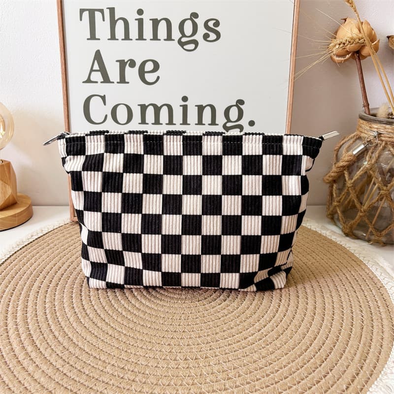 Corduroy plaid fabric makeup women's bag, skin care product storage bag, portable travel outing toiletry bag, large capacity