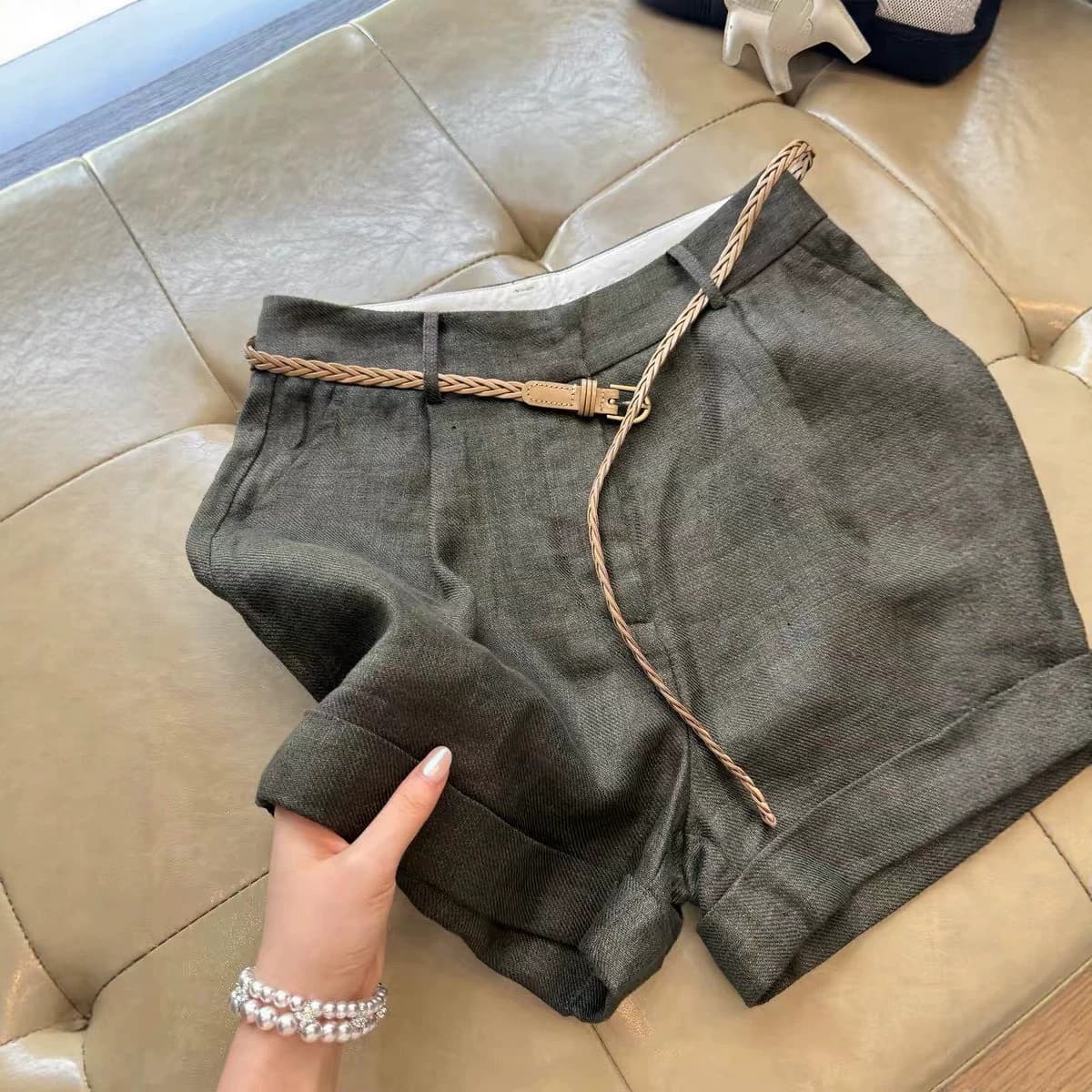 Highly Recommended! Old Money Double Yarn Cotton Linen Shorts for Women Summer Turn-up Design Leg-lengthening Pants