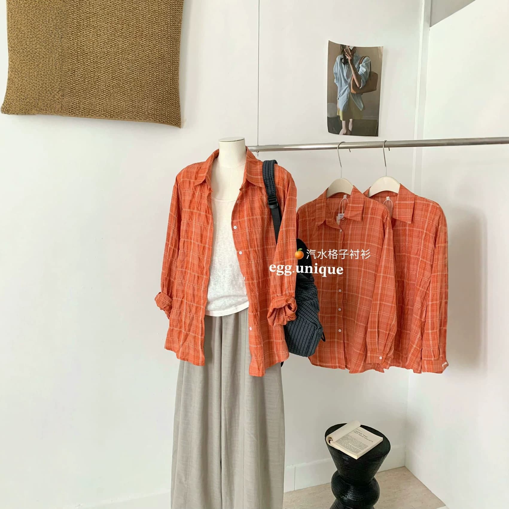 egg.unique Orange Soda Sun Protection Shirt Summer New Thin Orange Plaid Long Sleeve Blouse Women Casual Top