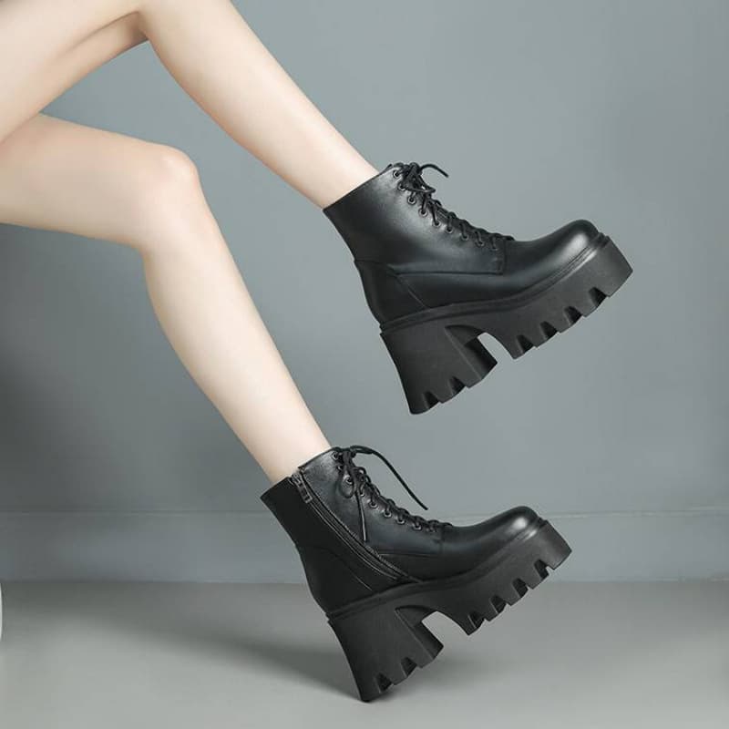 Autumn Winter Solid Color Versatile Martin Boots Cross-border Platform Short Boots Women Plus Size Platform Thick Sole Square Heel High Heel