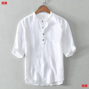Chinese Style Spring Summer Loose High-End Men's Linen Short Sleeve Cotton Linen Casual Breathable 5-Sleeve Shirt Collar T-Shirt Men
