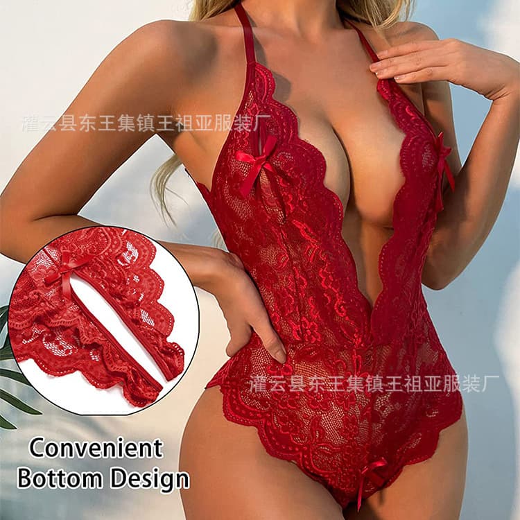 Open Crotch Lingerie European and American Plus Size Lace Exposed Breast Bowknot Sleepwear Sexy Backless Easy-Off Bodysuit