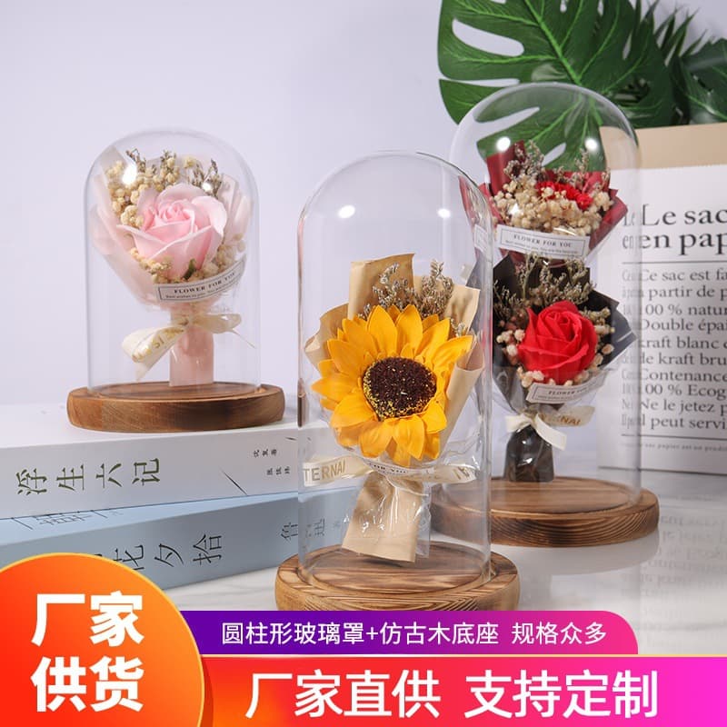 Cylindrical Glass Dome Vintage Wood Base Craft Decoration Transparent Glass Vase Tabletop Decor Modern Simple