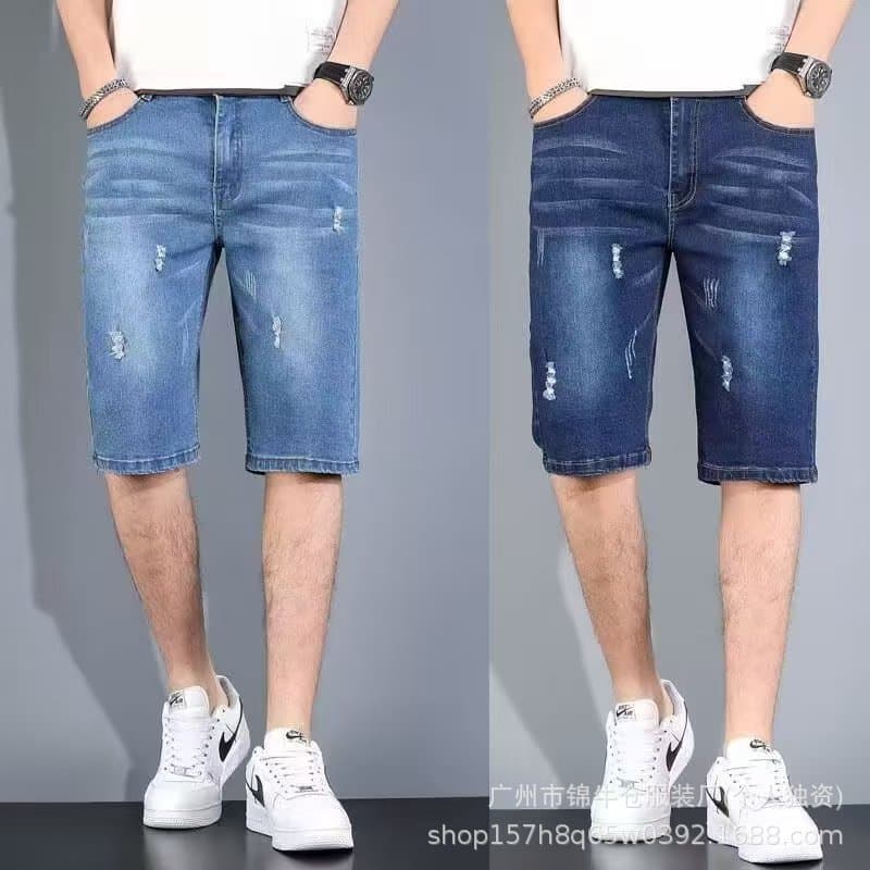 Jinniu Warehouse Summer Thin Men's Straight Trendy Loose Five-Point Shorts Stretchy Washed Distressed Versatile Jeans