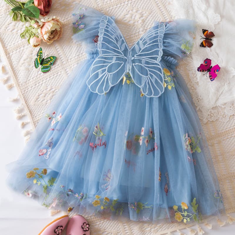 Amazon Butterfly Flower Embroidered Girls Tulle Dress with Butterfly Sleeves and Spaghetti Strap, Children's Princess Dress, Puffy Skirt