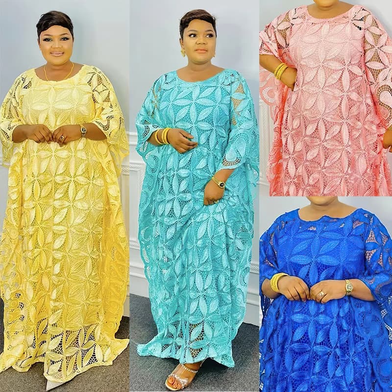Cross-border Europe and America Plus Size Africa Hot Selling Water-soluble Lace Loose Long Robe AliExpress Amazon Dress 8806
