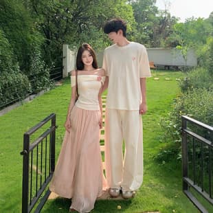 French Style Couple Outfit Summer New Trendy Vacation One-Shoulder Knit Women's Skirt Set Fairy Look