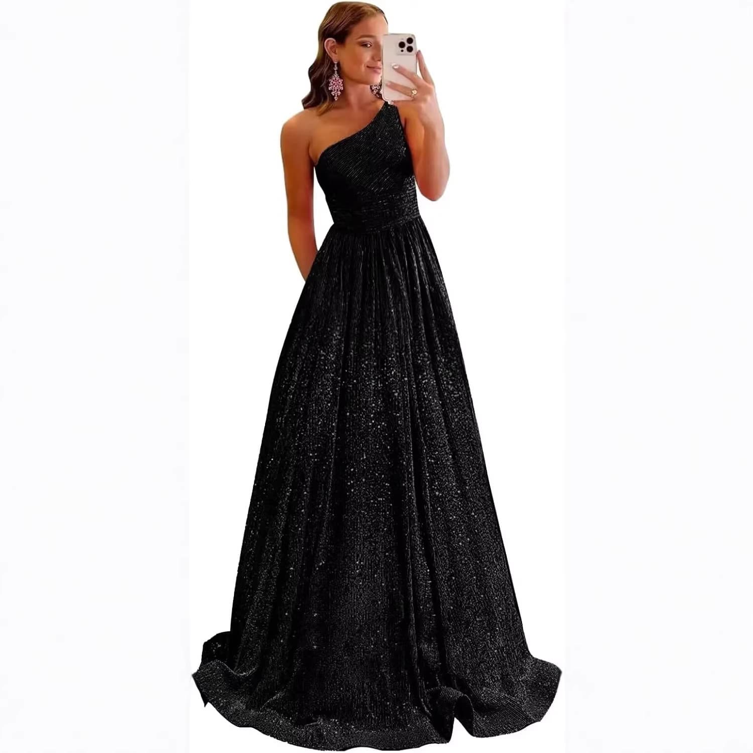 Export Cross-border Sequin Evening Gown One-shoulder Long High-end Light Luxury Dress Banquet Slimming Elegant Dress