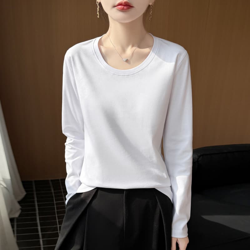 Casual women's low round neck combed cotton T-shirt loose style mercerized cotton bottoming spring and summer new pullover top
