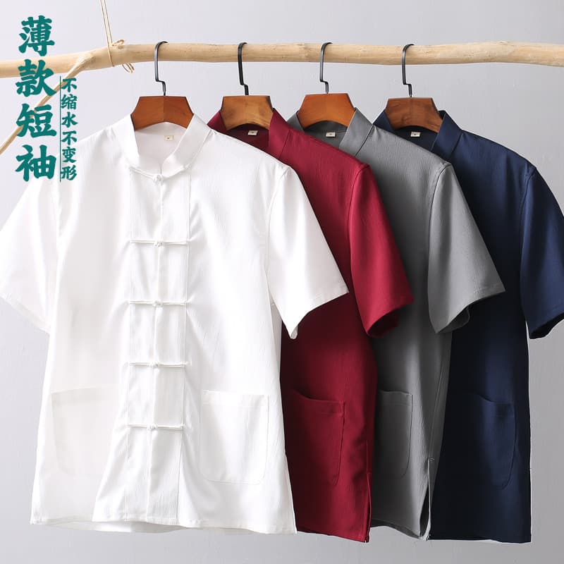 Chinese-style Tang suit for men, middle-aged and elderly, summer thin short-sleeve, Chinese-style retro frog-button half-sleeve shirt.