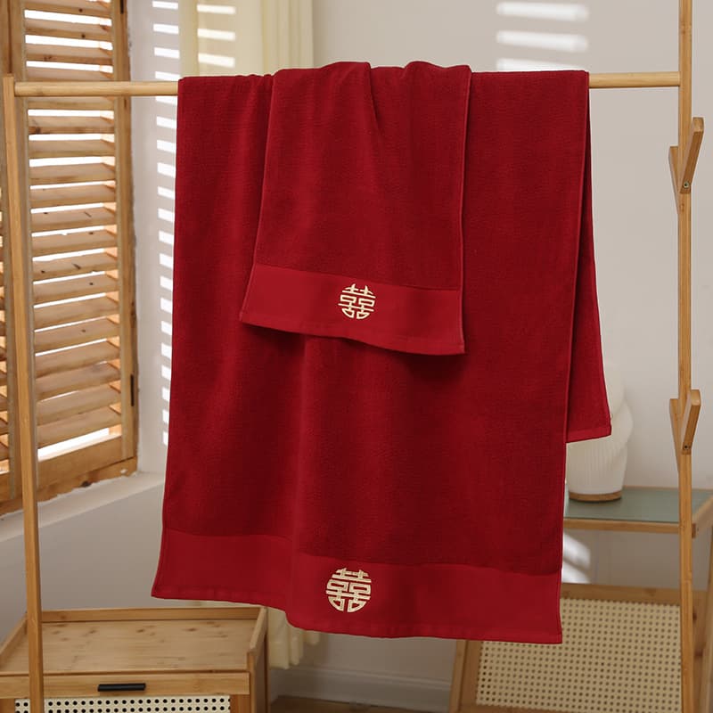 New wedding dowry towel and bath towel set, pure cotton four-piece set, red for couples, wedding favor return gifts