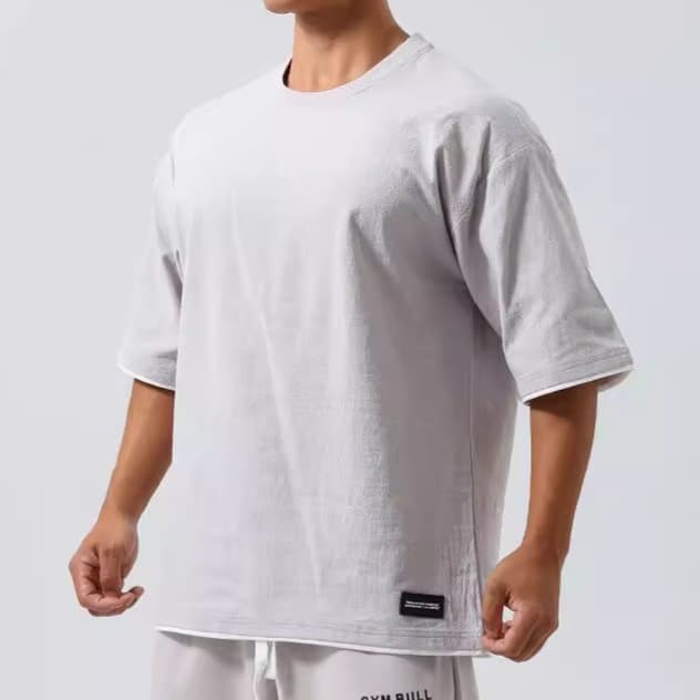 Men's Plus Size Loose Cotton Short-Sleeve Retro Oversized Fake Two-Piece Color-Block Sleeve Sports Fitness Stitching Simple