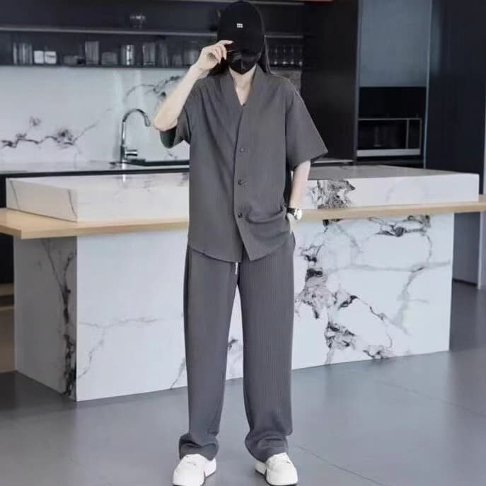 Plus Size 8XL for 300 lbs 2025 Summer Men's and Women's V-Neck Casual Set Fashion Versatile Short Sleeve T-Shirt and Long Pants Two-Piece Set