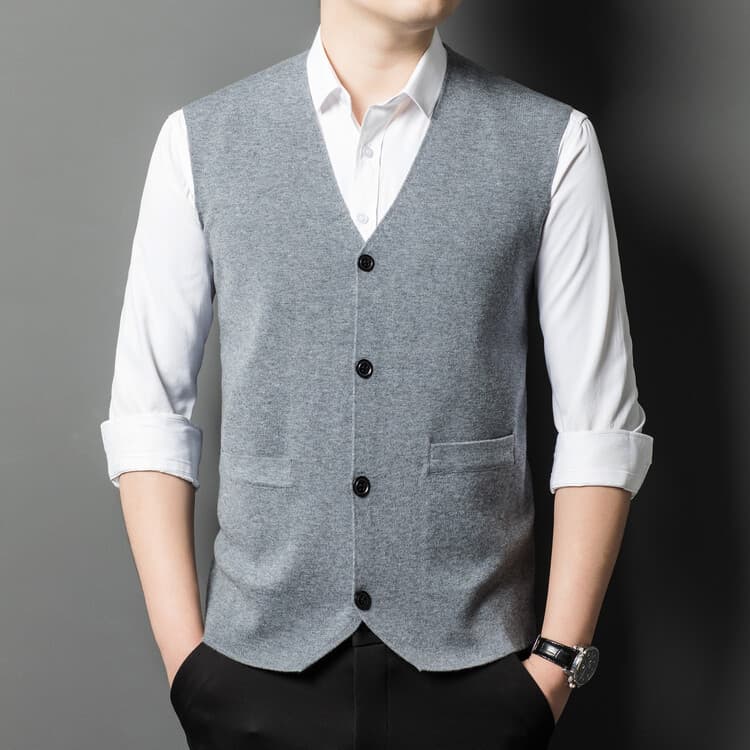 Spring/Autumn Business Casual 6 Wool Knit Sweater Vest for Middle-Aged Men Solid Color Cardigan with Pockets