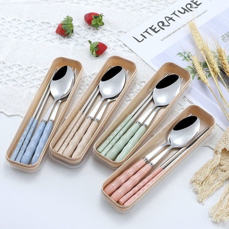Portable Stainless Steel Utensil Set Chopsticks Spoon Fork Box Outdoor Office Workers Single Set Student Home Use Dinnerware