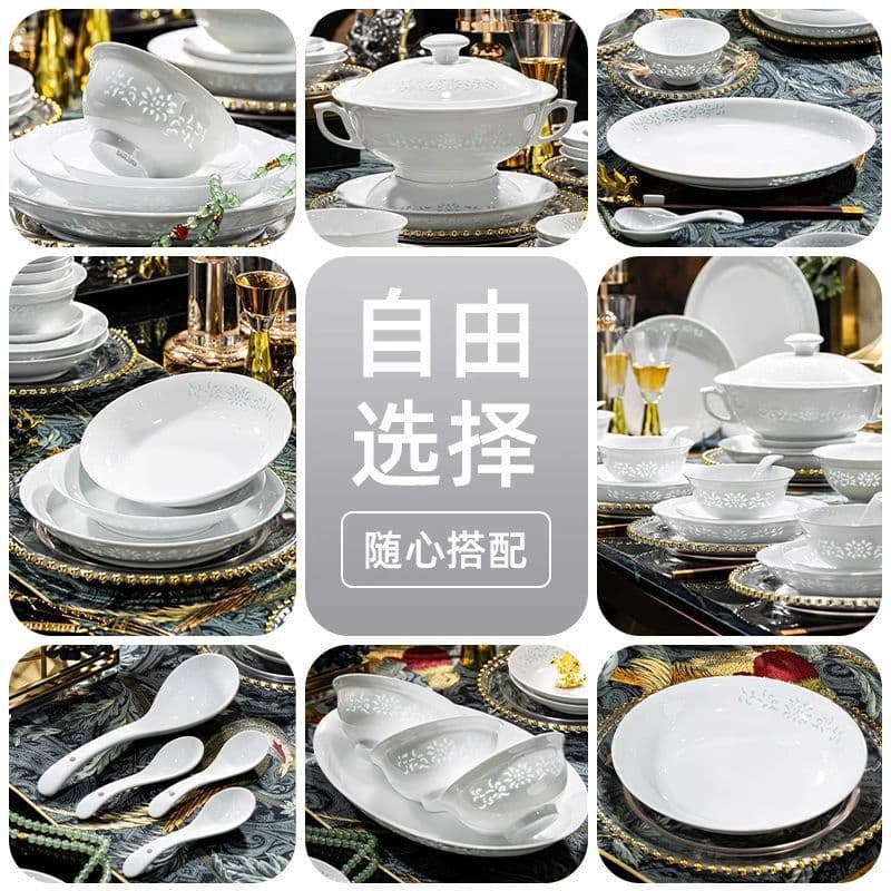 Jingdezhen Porcelain Dinnerware Set - Underglaze Color Celadon Linglong Bowls, Plates, Noodle Bowls, Soup Bowls, Rice Bowls, and Spoons