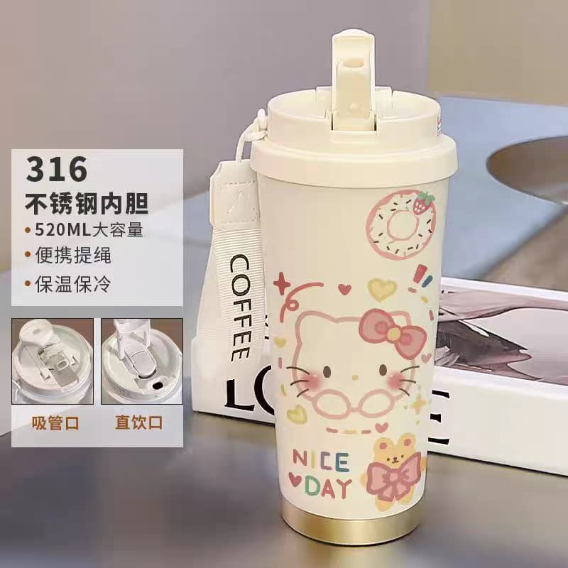 Fashionable and Cute Coffee Cup, High-Aesthetic Straw Dual-Drink Cup for Women, Car Cup with Handle, 316 Ceramic Stainless Steel Water Bottle