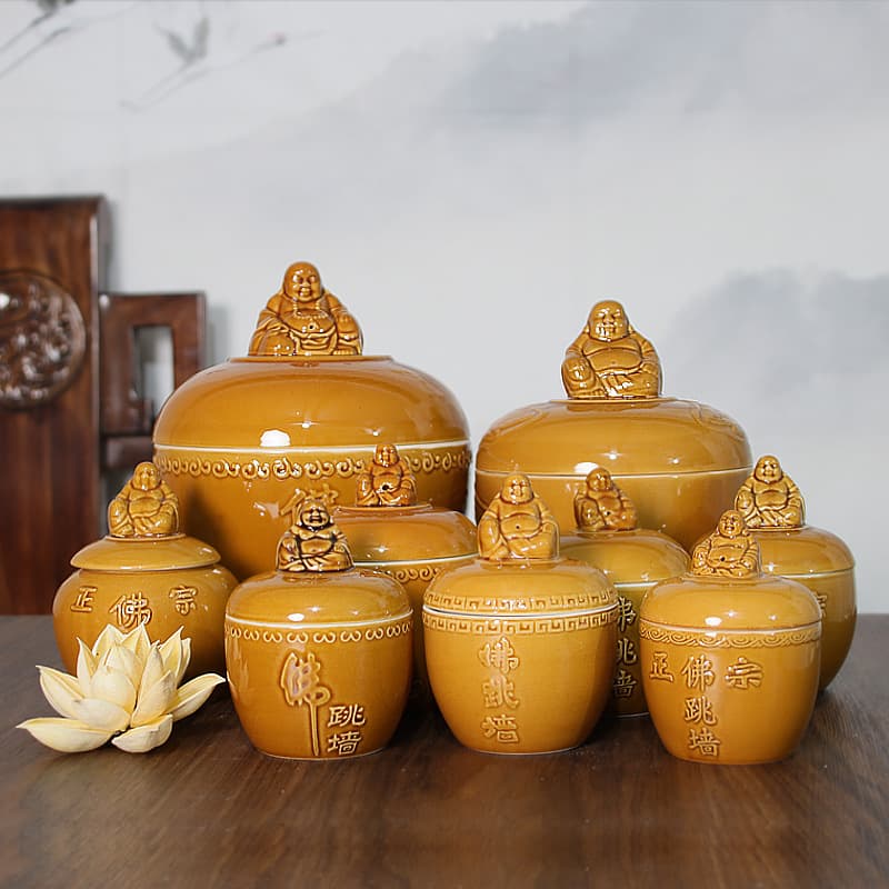 Ceramic Buddha Jumps Over the Wall stew pots, jar soup pots for hotel tableware, home use with lids and bases, double-boiling pots available for wholesale.