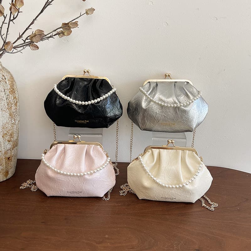 Women's Crossbody Bags 2026 Pleated Shell Bag New Style Ladies' Handbags Mobile Phone Bag Beaded Clasp Top Handle Purse
