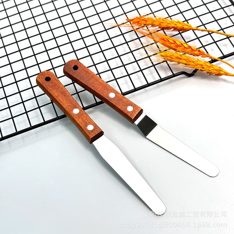 4-Inch Wooden Handle Cake Cream Spatula - Straight & Curved Kiss Demolding Knife, Jam Peanut Butter Scraper, Oil Mixing Ink Knife
