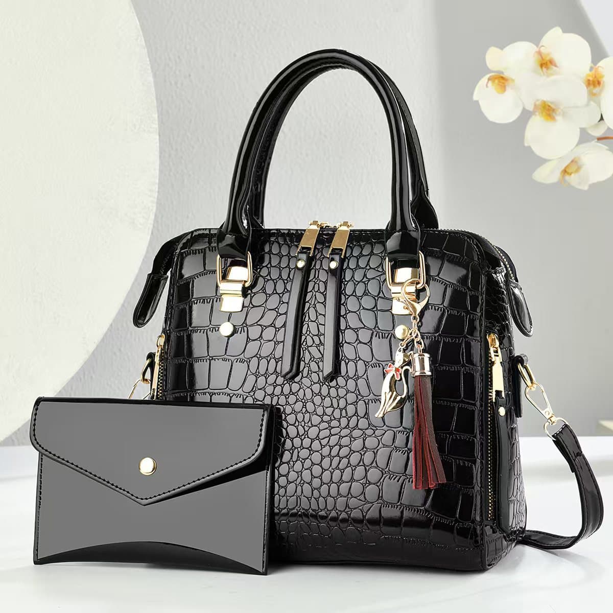 Taizhou Women's Bag Fashion Crocodile Pattern Mother-Child Bag Large Capacity Popular Women's Bag Tassel Pendant Handbag Crossbody Bag