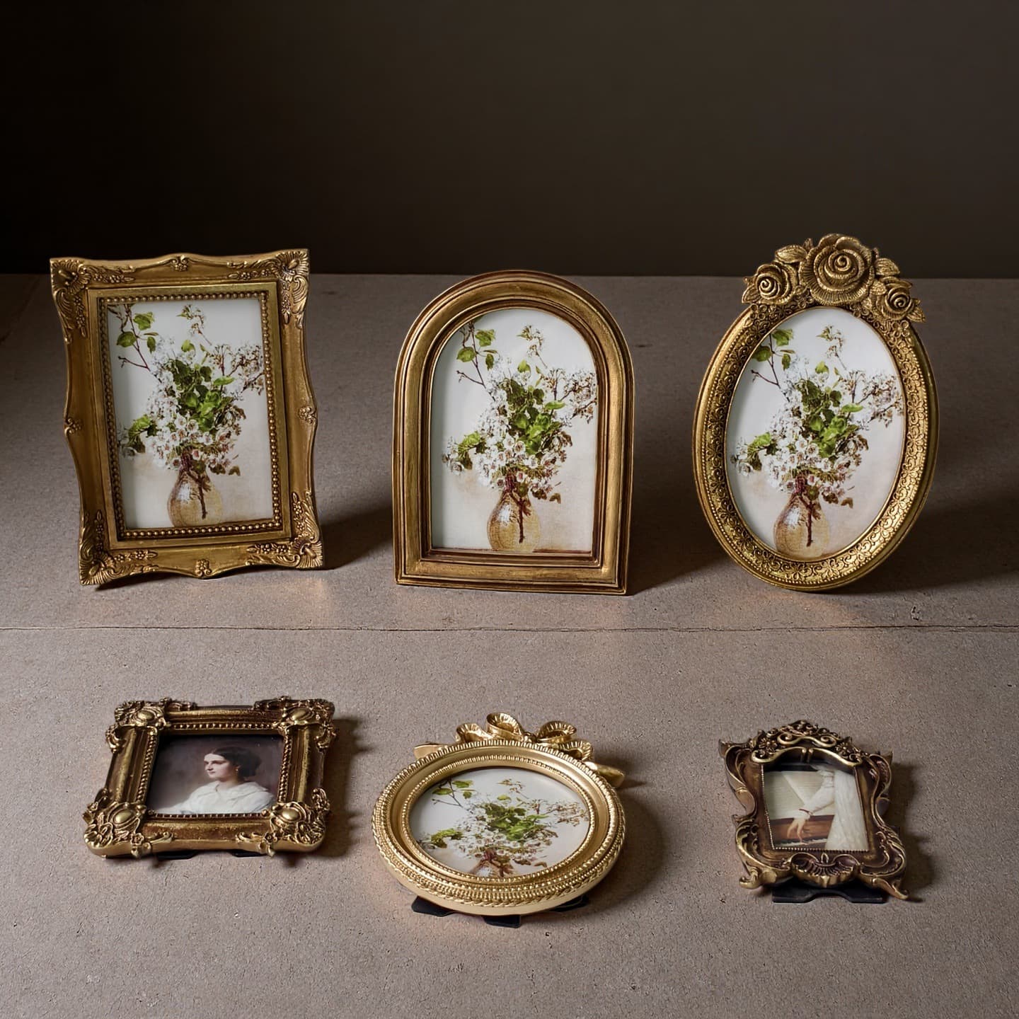 French Palace Style Embossed Picture Frame Set Vintage Gold Distressed Resin Frame Bedroom Entryway Niche Art