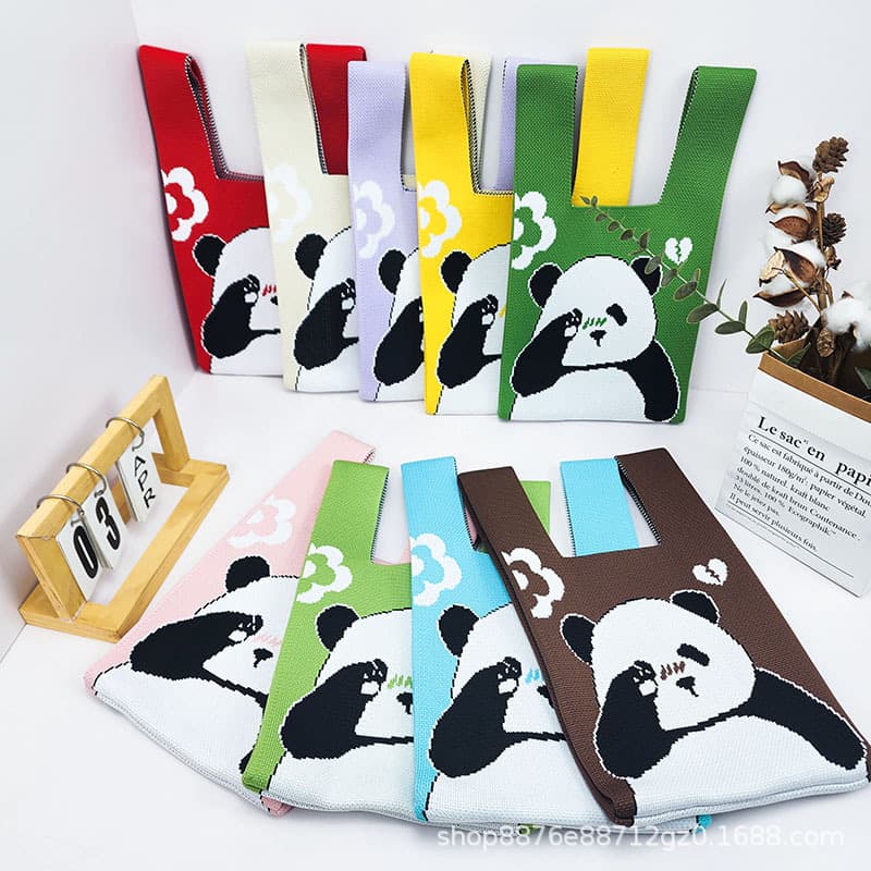 New Panda Children's Day Handbag Women's Knitted Bag Wedding Gift Versatile Handheld Casual Tote Lunch Box