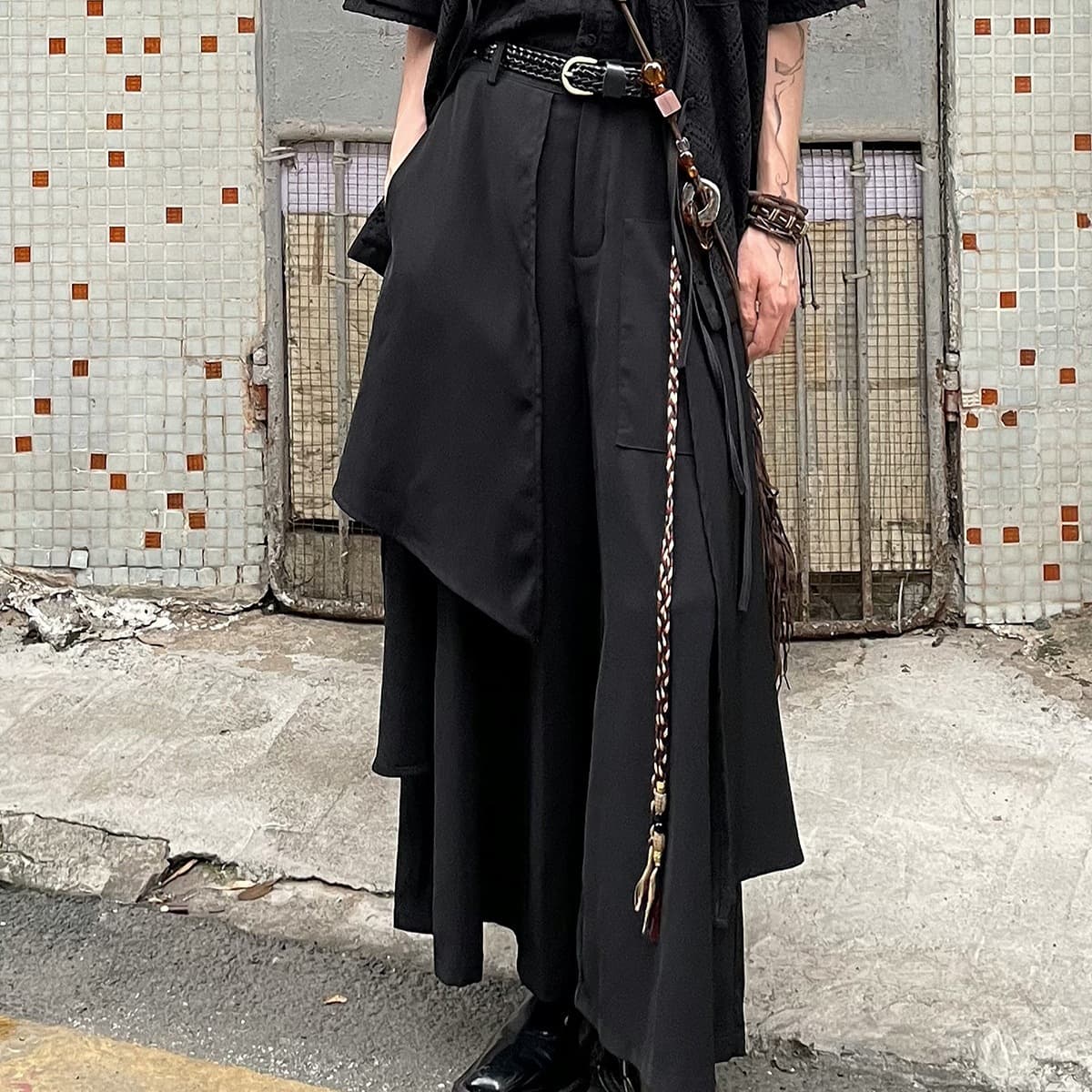 New Style Vintage Layered Yohji Yamamoto Irregular Chinese-style Tassel Wide-leg Skirt Pants Loose Trousers Culottes