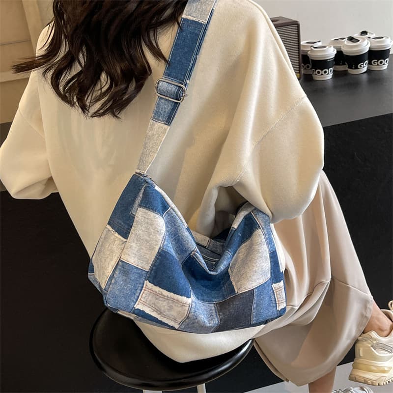 Simple Denim Crossbody Bag for Women, Japanese Literary Style Casual Canvas Bag, Large Capacity Patchwork Shoulder Bag for Commute