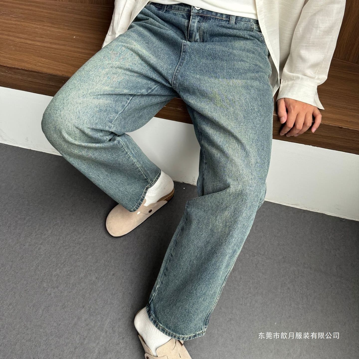 Qiaoshan Men's Clothing | Washed Curved Denim Jeans for Men Spring/Autumn 2025 New American-Style Banana Pants Loose Straight-Leg Long Pants