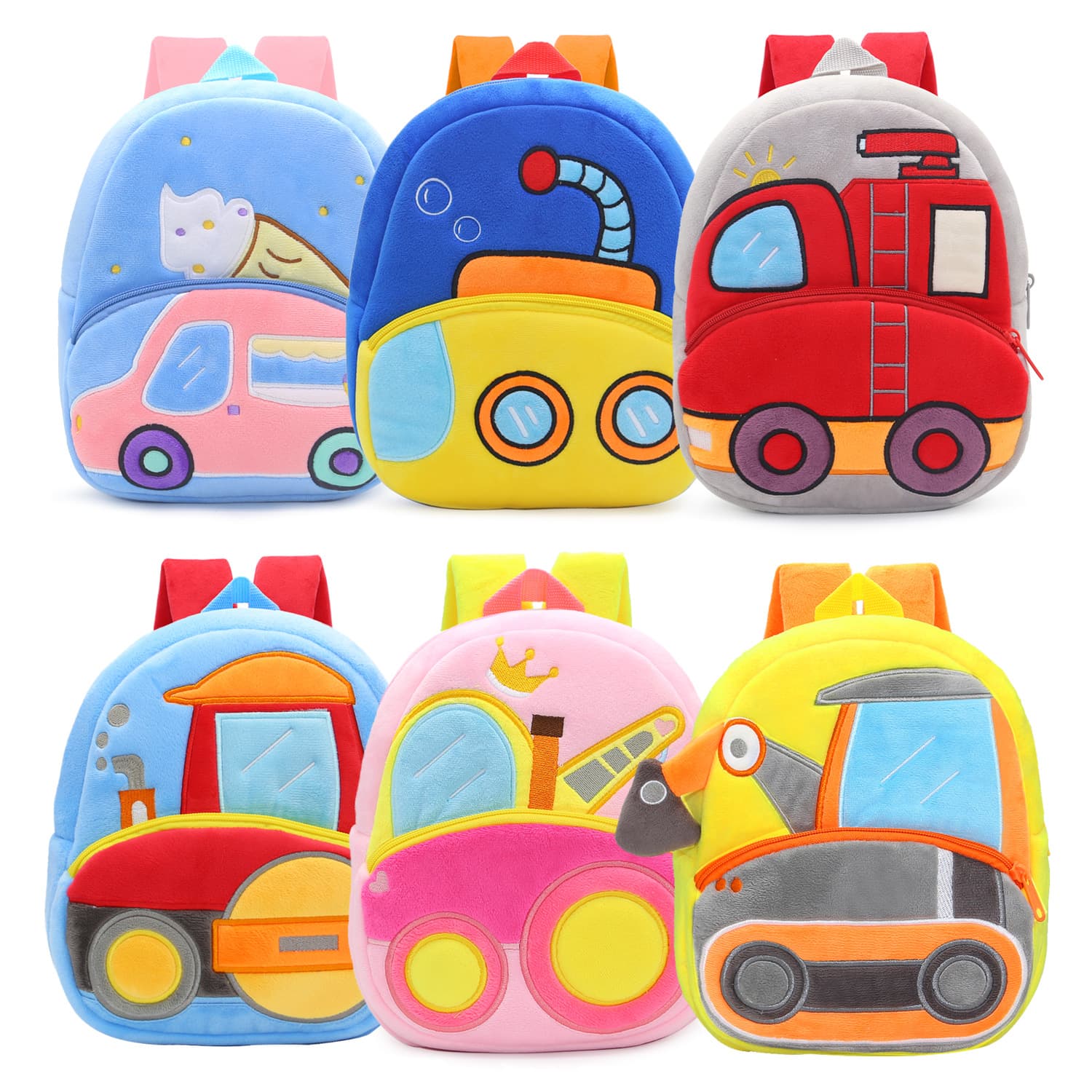 Cute Engineering Vehicle Excavator Cartoon Plush Backpack For Boys Girls Children's Dual Shoulder Bookbag
