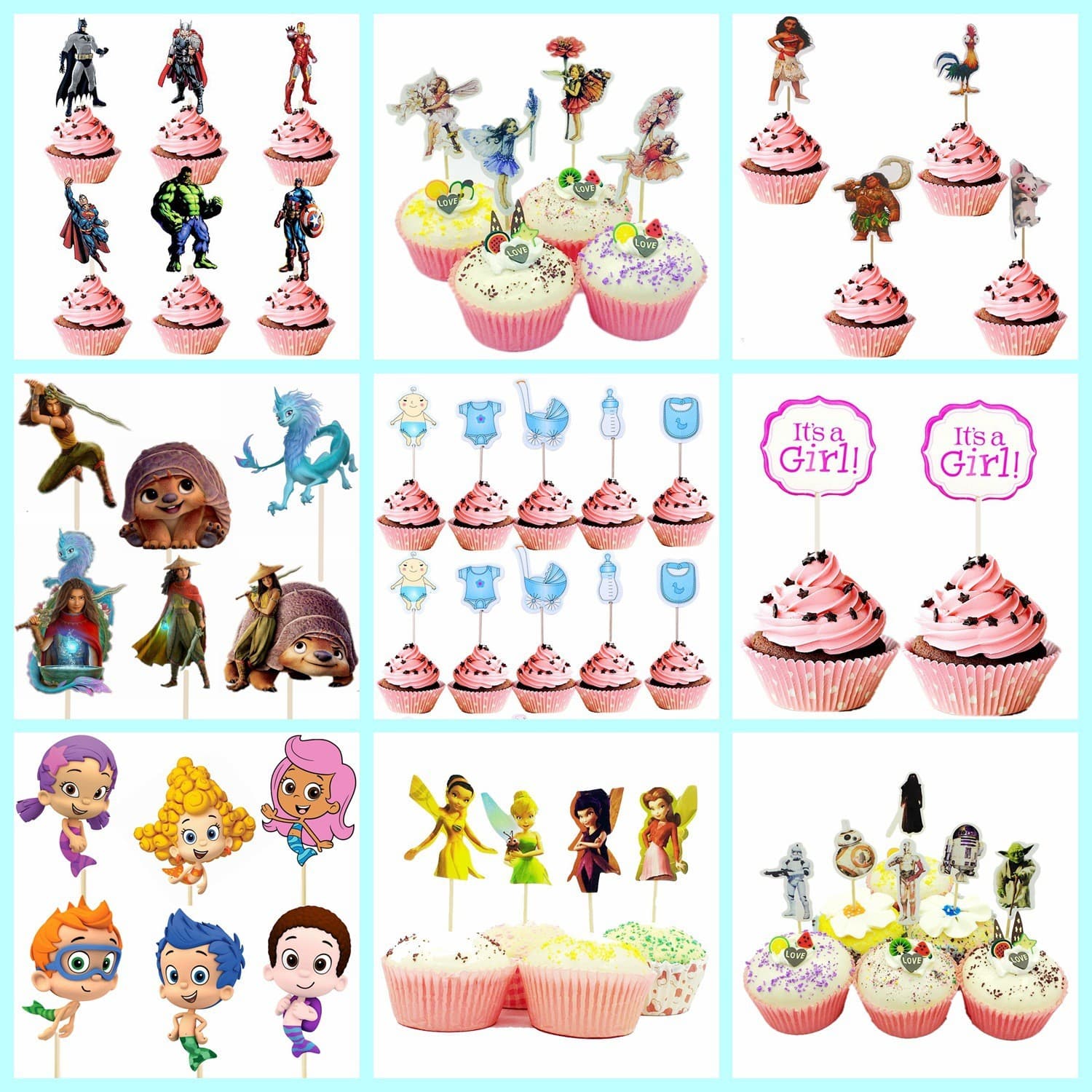 24 Cartoon Double-Sided Toothpicks with Flags, Birthday Cake Inserts, Cupcake Decorations, Dessert Table Fruit Picks
