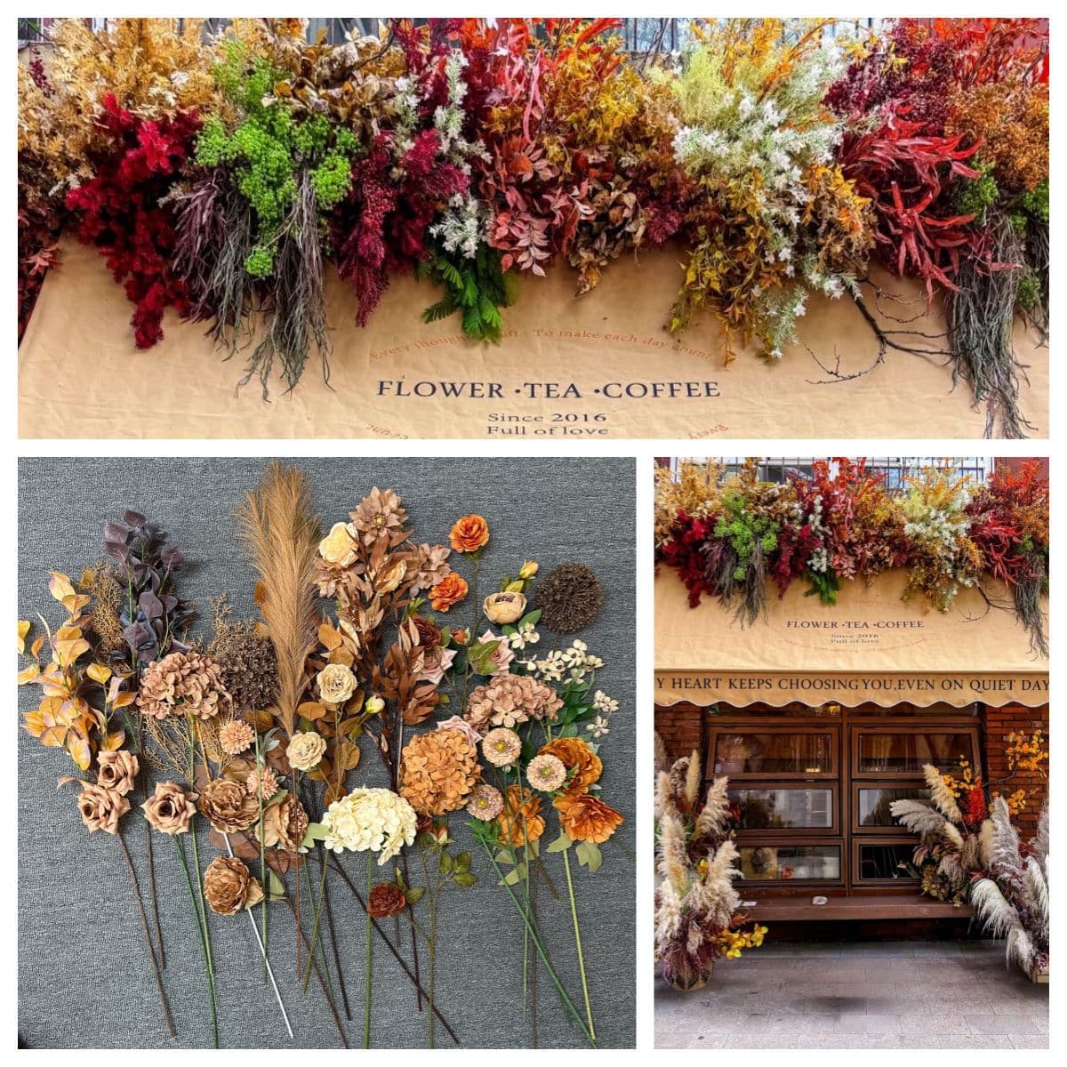Brown floral material Maillard chocolate brown autumn arrangement plastic leaf decoration hanging ceiling mist frost artificial flower