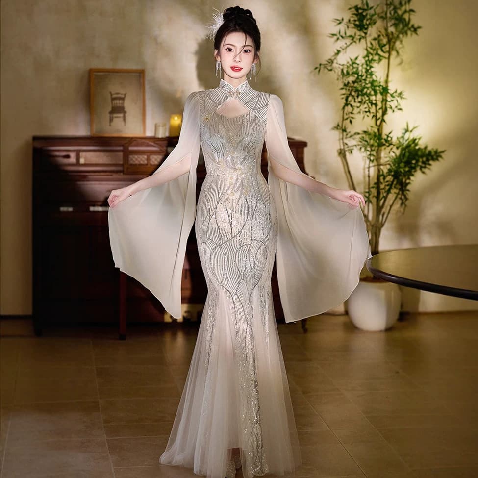 New Chinese-Style Evening Dress for Women 2026, New Model with Waist-Cinching Mermaid Design, Improved Cheongsam with Sequins, Engagement Toast Dress
