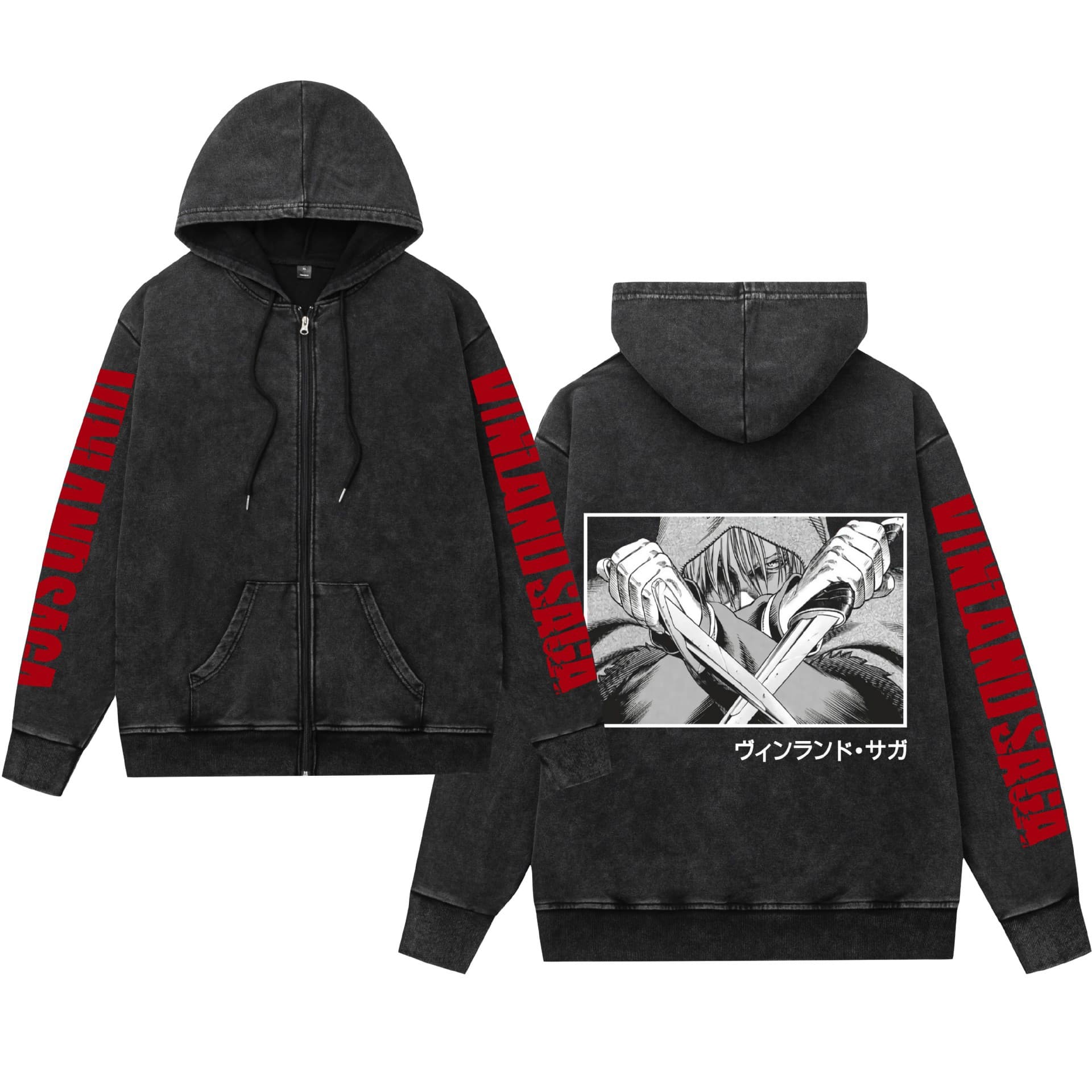 Cross-border Washed Distressed Vintage Hoodie Zip-up VINLAND SAGA Vinland Saga Print Unisex