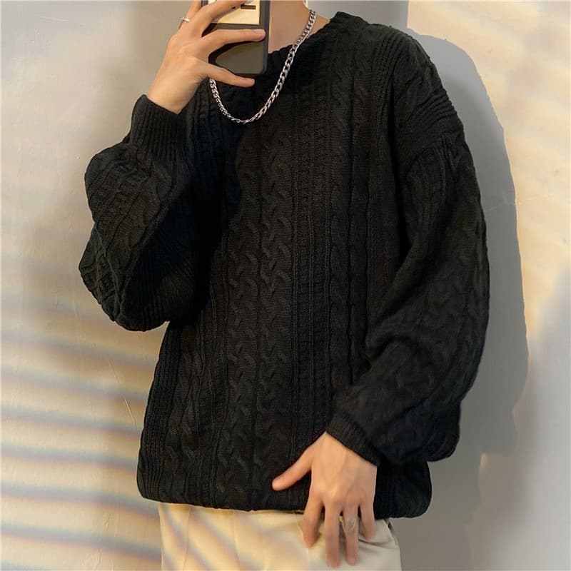 Japanese Style Cable Knit Long Sleeve Sweater Unisex Thick Loose Crew Neck Pullover Base Layer Ins Trendy Autumn Winter Knitwear