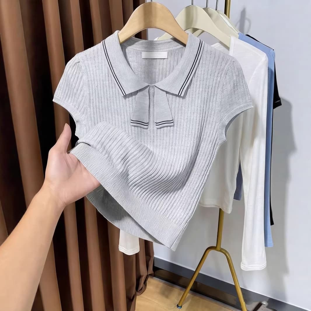 Allo Korean-Style College-Style Lapel Short-Sleeved Wool Knitwear for Women, Age-Reducing and Slimming Top, Trendy 2026 Summer New Style