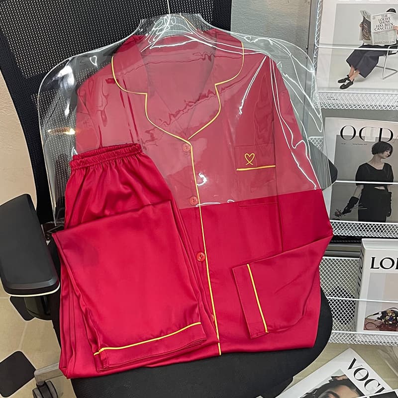 Light Luxury Solid Color Festive Ice Silk Pajamas Long Sleeve Two-Piece Set Cardigan Jacquard Style, Zodiac Year Loungewear Wholesale