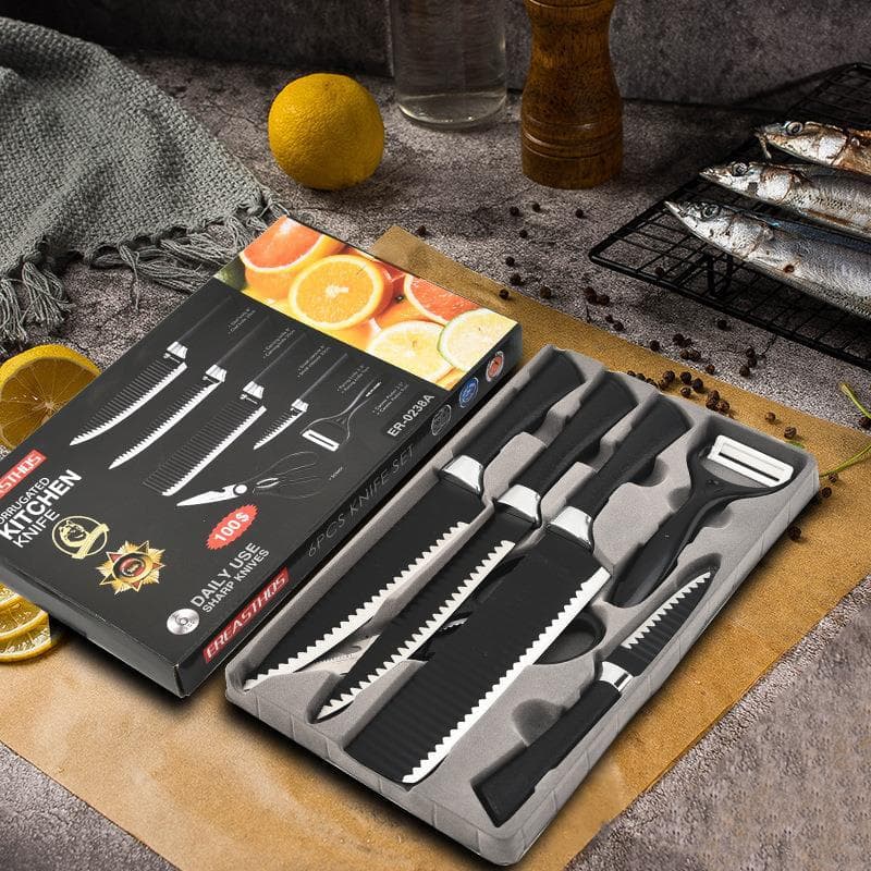 Ready-to-ship Kitchen Knife Set 0238A, Black Horseshoe Wave Pattern 6-Piece Stainless Steel Chef Knife and Slicer