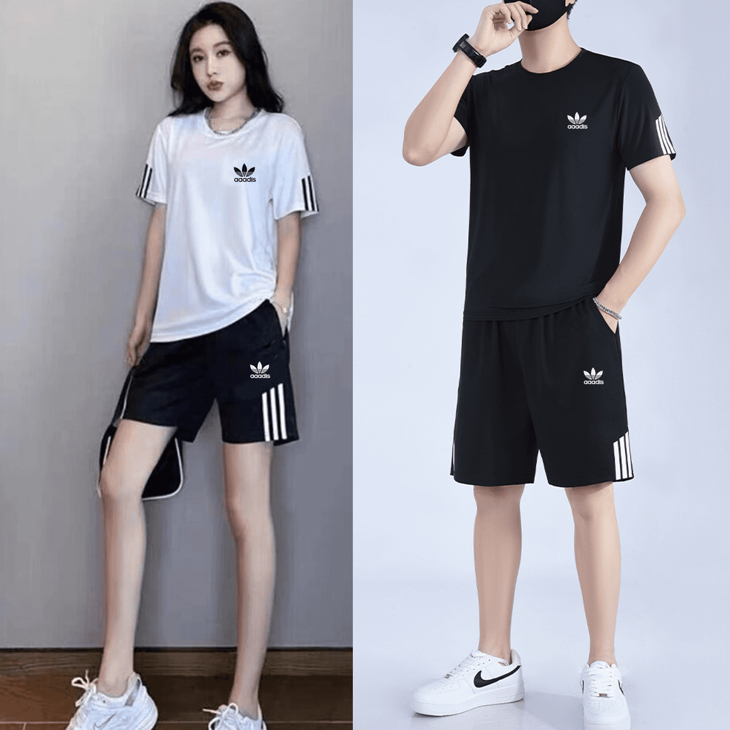Clover casual sports suit summer men and women same style round neck short-sleeved T-shirt shorts three stripes loose two pieces