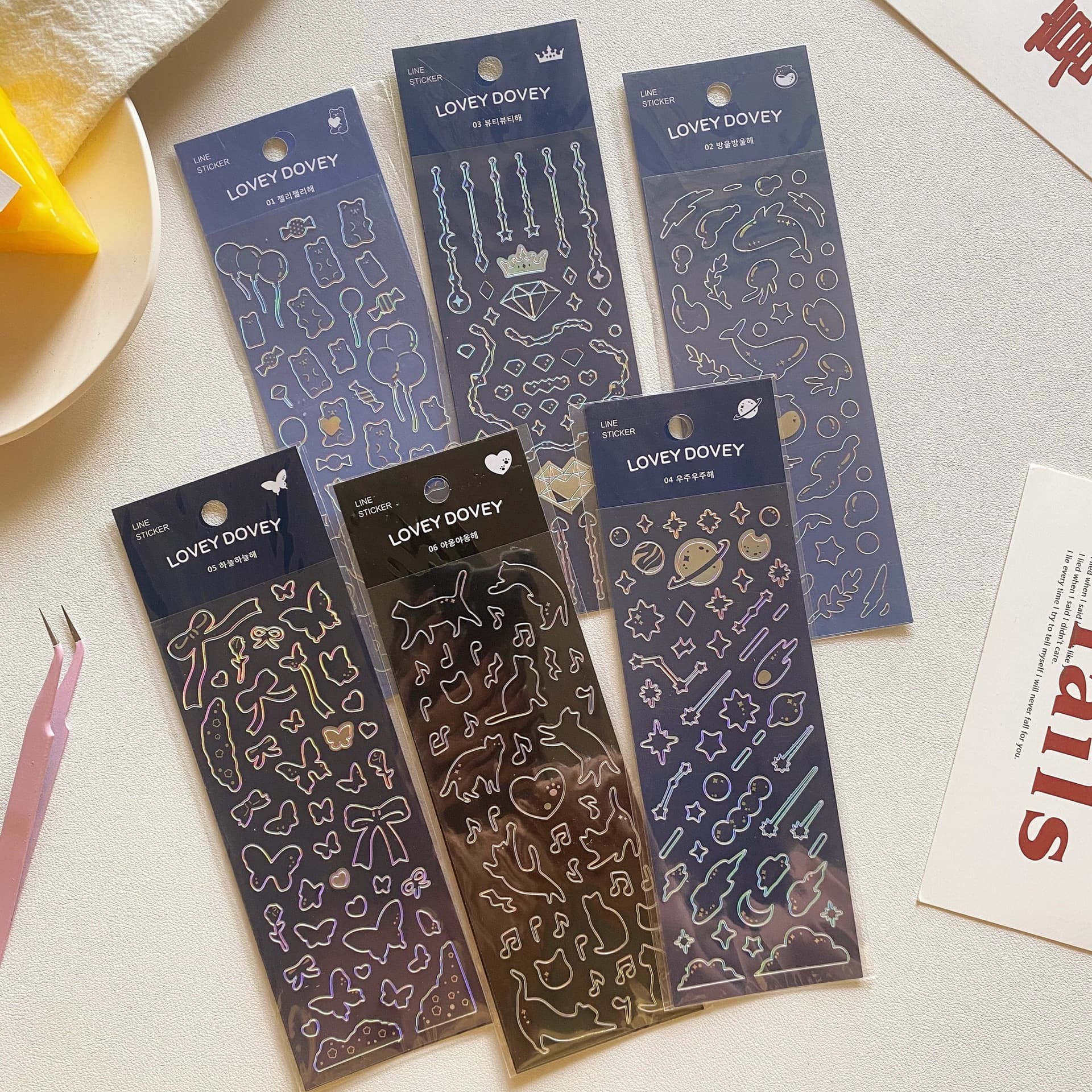 Korean Laser Iridescent Line Dreamy Bear Butterfly Star Cat Transparent Guka Stickers, Journal Card Decor