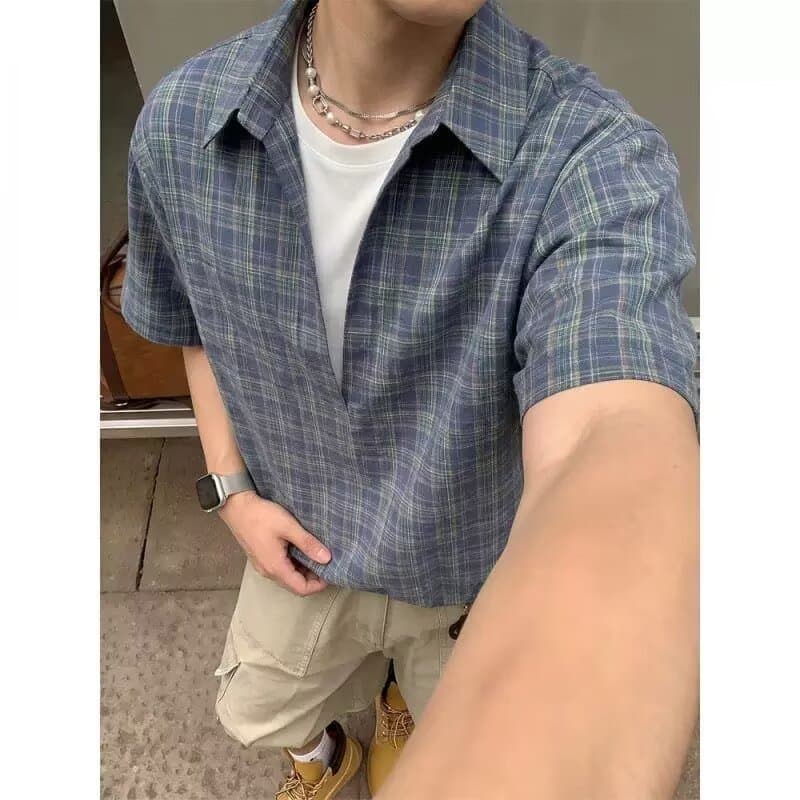 Summer Japanese Retro Lazy Plaid Short Sleeve Shirt Unisex Relaxed Fit Loose Casual Versatile Shirt Jacket