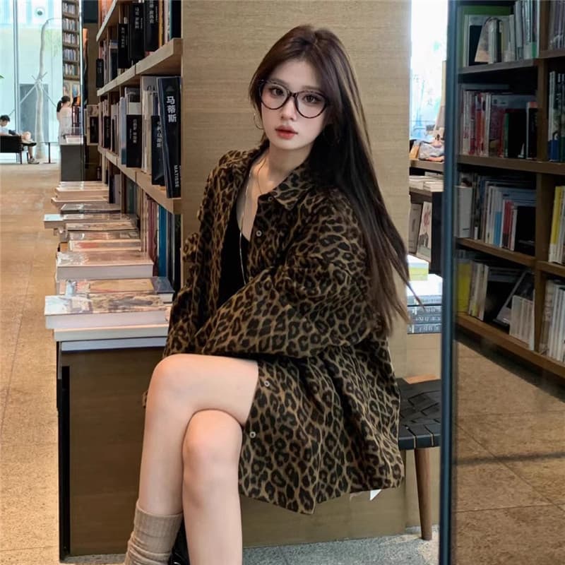Official Image Actual Price American Leopard Print Polo Collar Shirt Jacket Women's Fall Designed Loose Mid-Length Casual Top