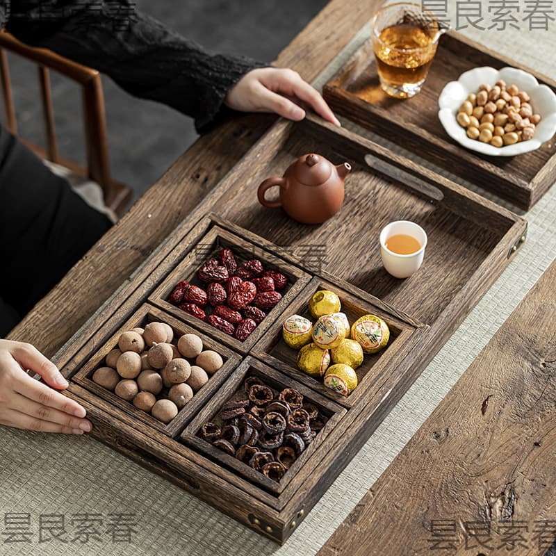 Chinese-Style Wooden Tea Tray for Tea Brewing by the Stove, Snack Tray, Bamboo Afternoon Tea Tableware, Snack Tray, Dried Fruit Tray