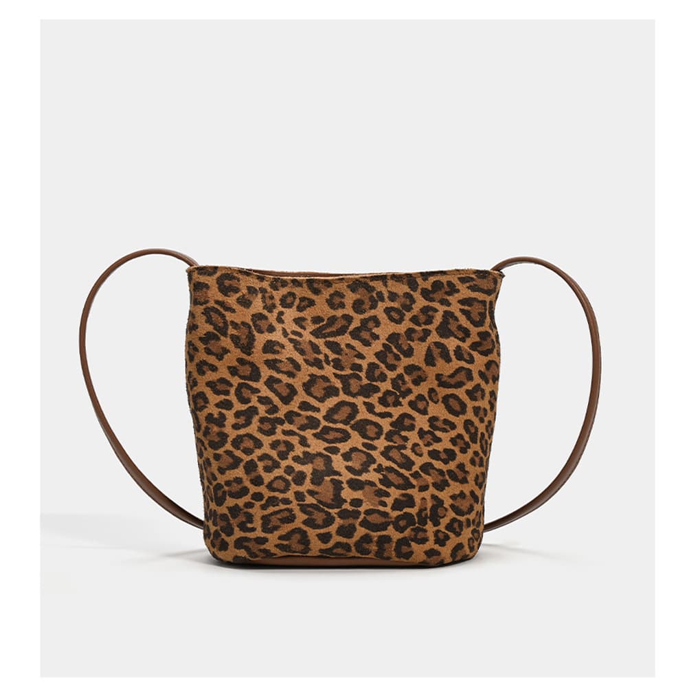 Cross-border leopard print genuine leather bucket bag, niche women's bag, autumn/winter new versatile high-end soft cowhide shoulder crossbody bag