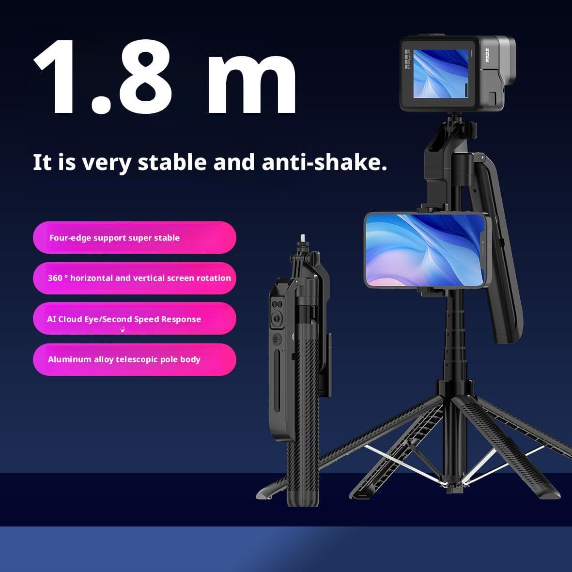 AI Smart Tracking Selfie Stick with 4-Axis Handheld Stabilization, 1.8m Aluminum Alloy Multi-function Remote for GoPro Compatibility