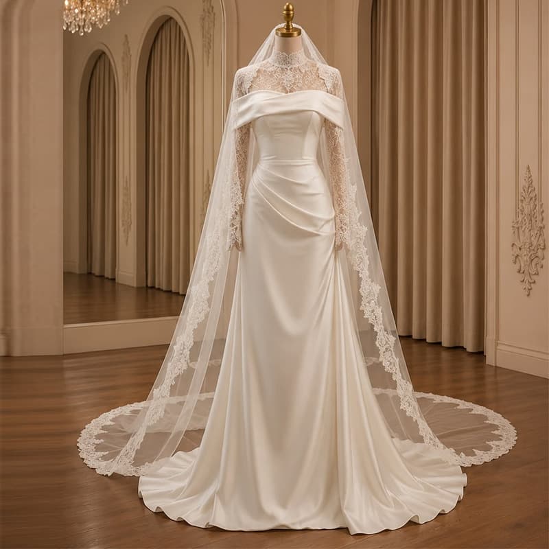 2026 Summer European and American Amazon Cross-border Women's Lace Veil French White Waist-cinching Wedding Dress