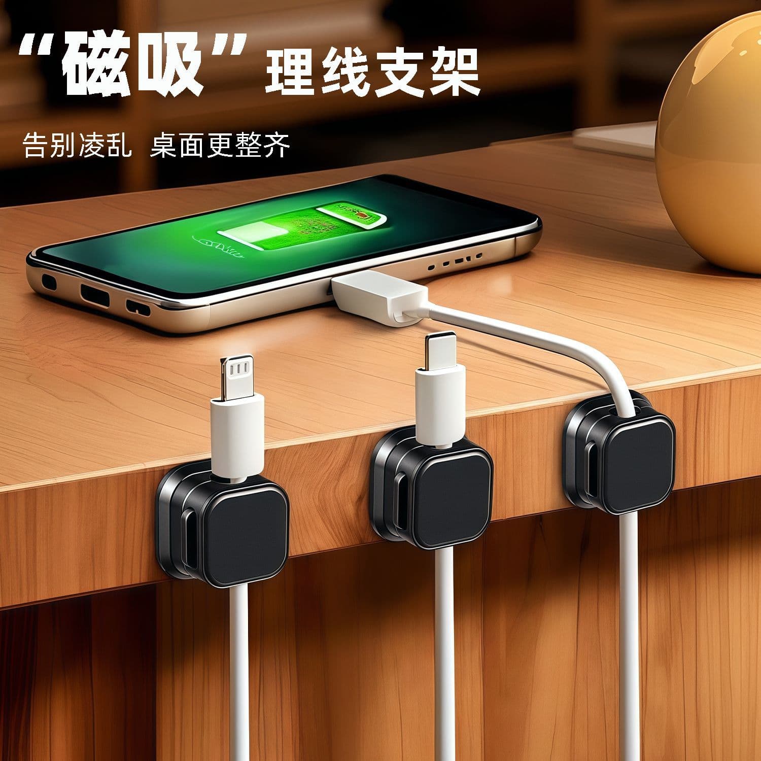Magnetic Cable Organizer for Desk/Wall Mount, Phone Data/Charging Cable Storage with Routing Clip and Plug Hook